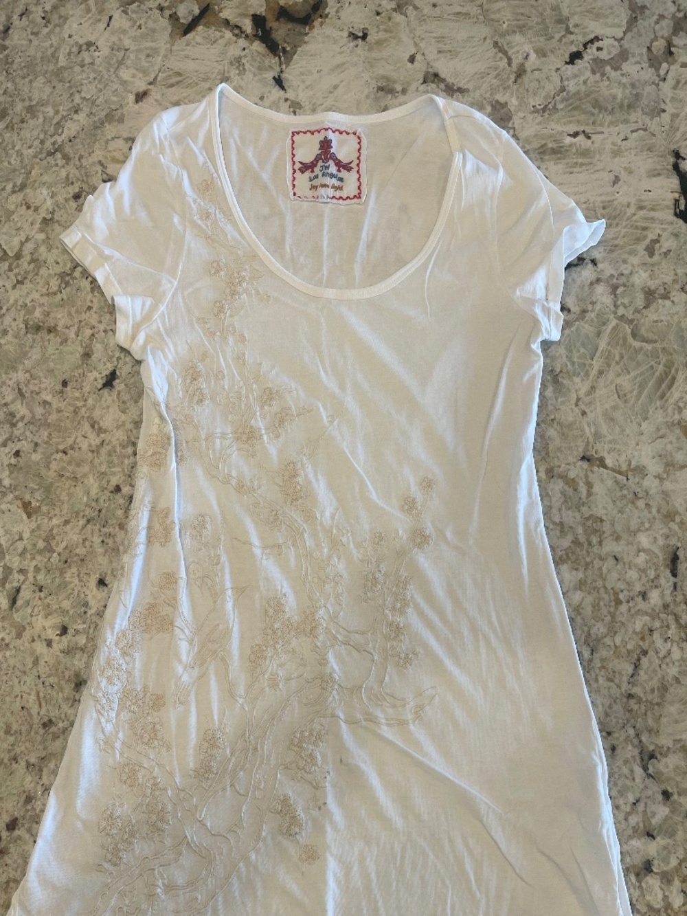 JW Los Angeles Johnny Was Cream Embroidered Floral Short Sleeve T-Shirt Medium